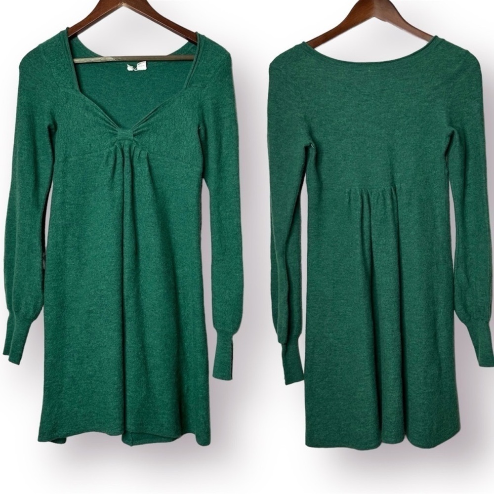 Anthropologie Moth‎ Women's Wool Green Long Sleeve Cinched Bow Mini Dress size M